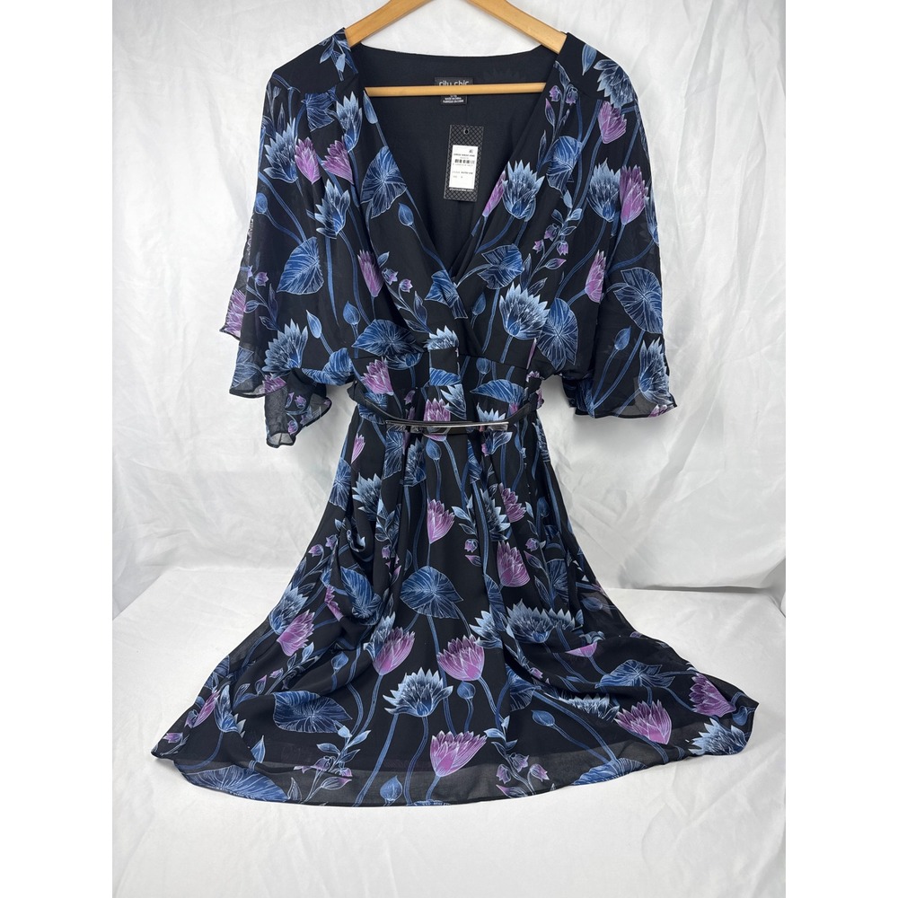 City Chic Floral Wrap Dress S UK 16 Black‎ Purple Blue Flowy NWT